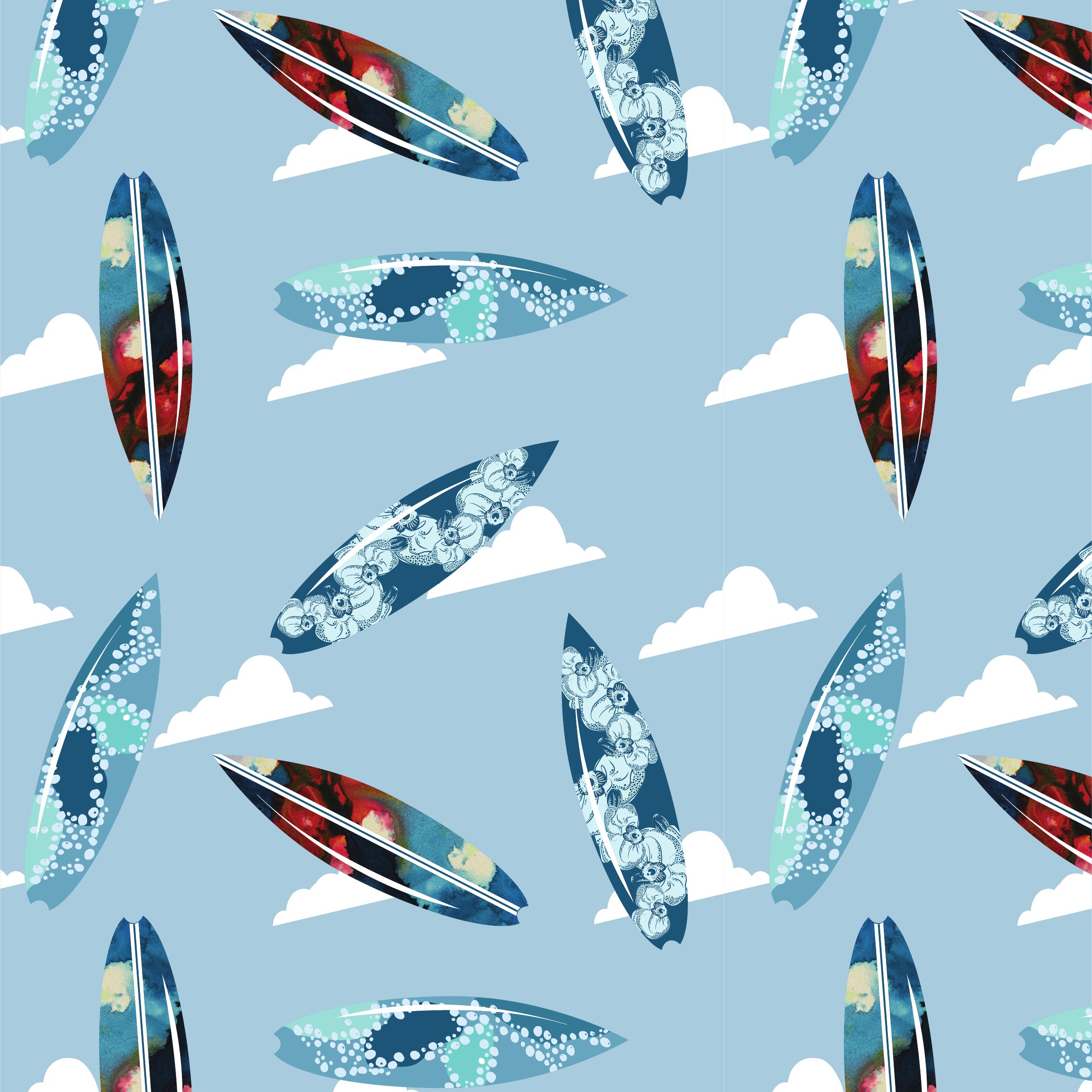Lineup — tossed surfboards on sky blue
