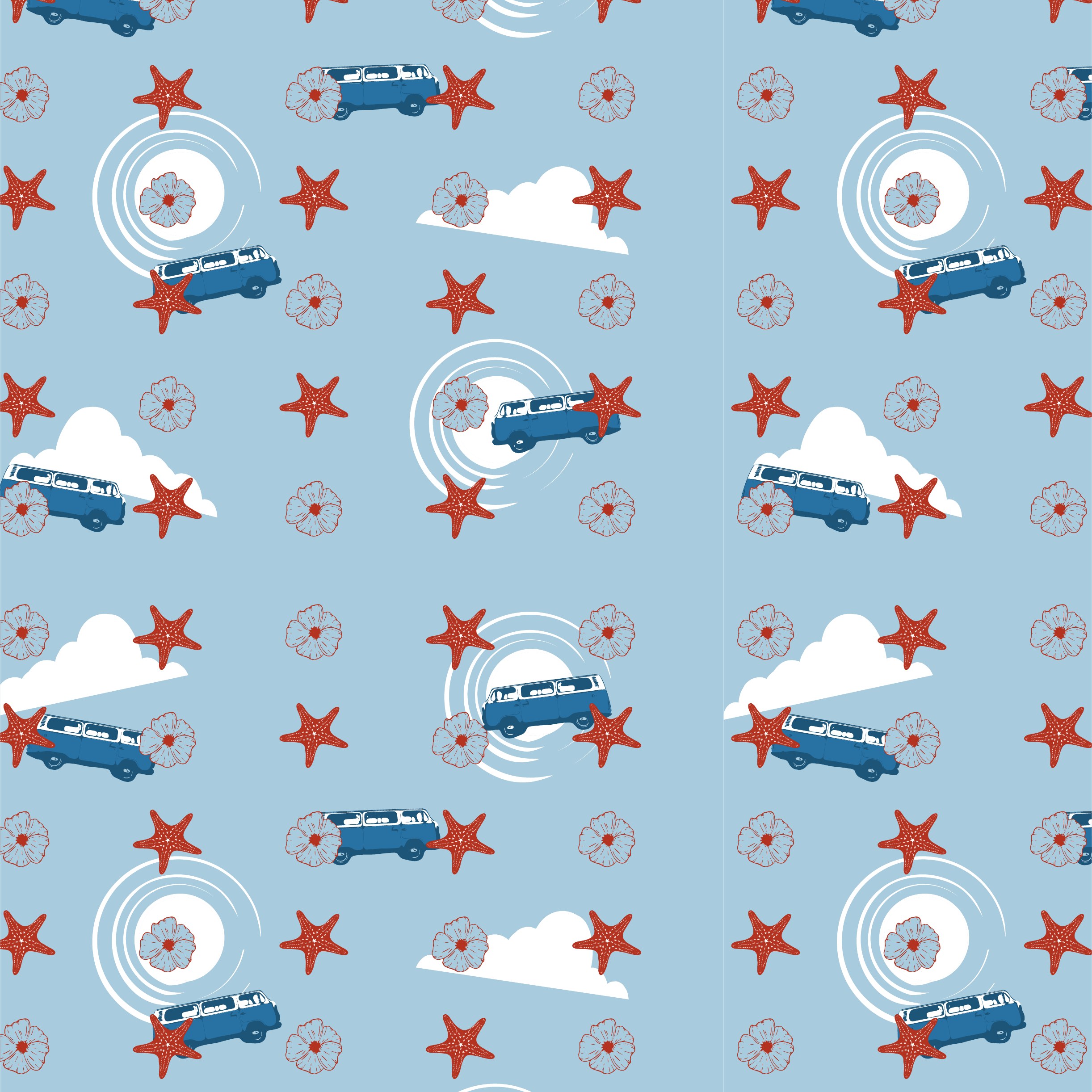 Road Trip — VW vans, starfish, suns on light blue