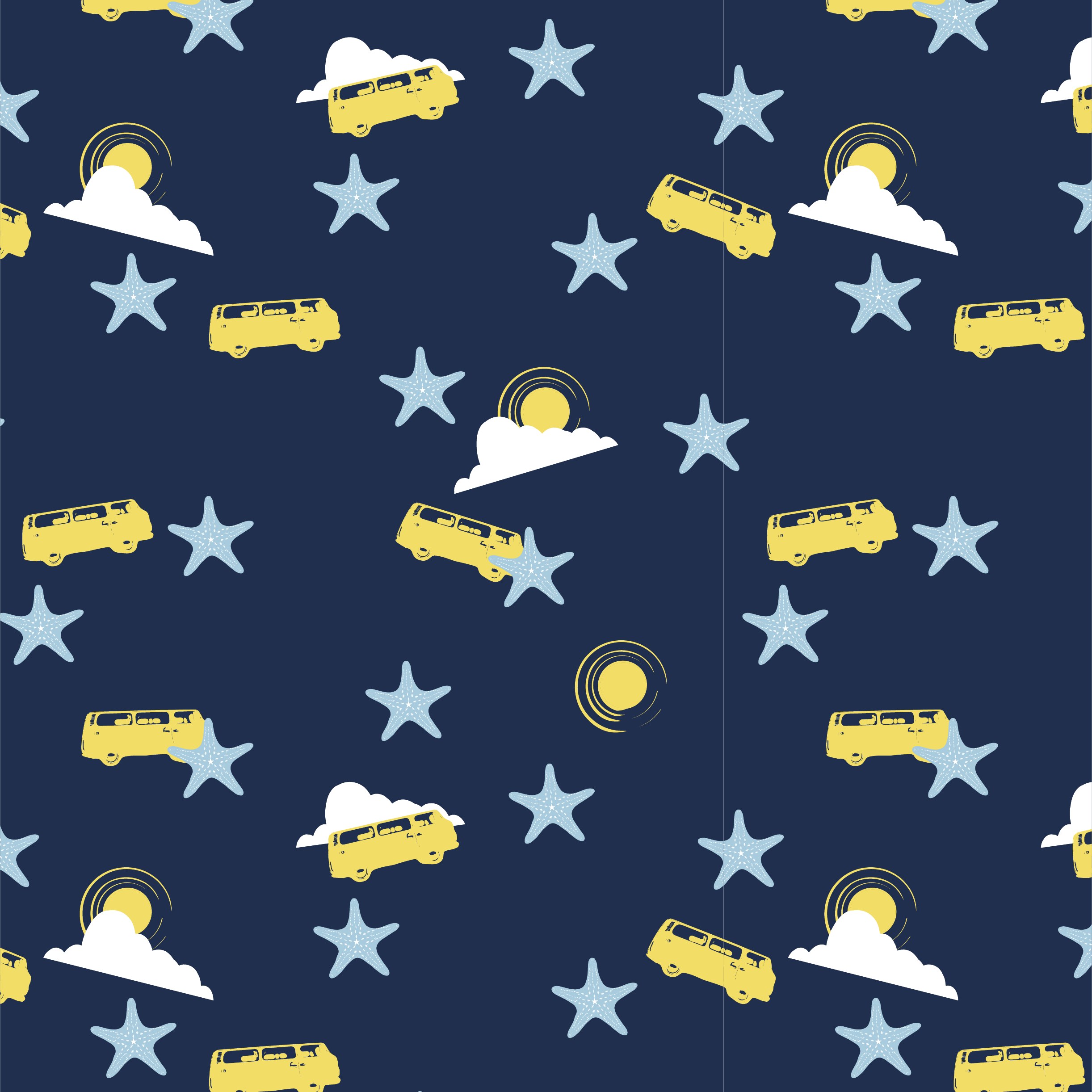 Starlit Drive — yellow vans and stars on navy