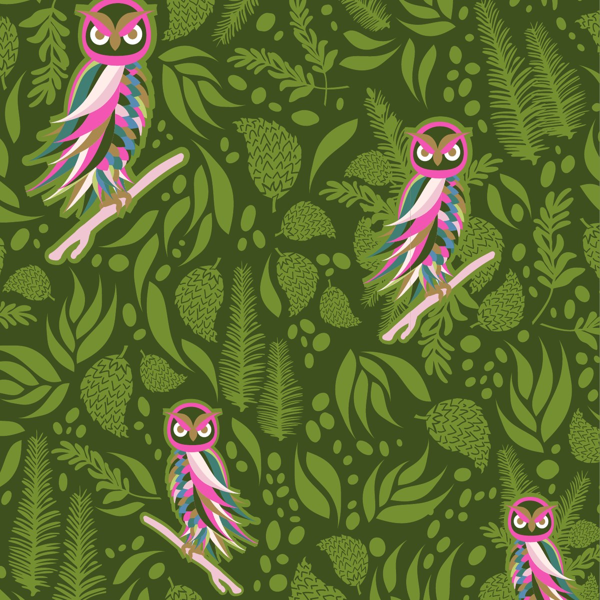 Hidden Owls — sophisticated owl and foliage surface pattern in jewel tones