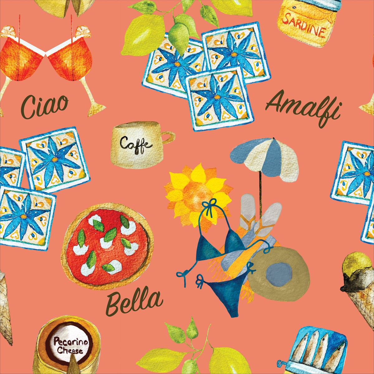Mediterranean Summer — Amalfi Coast inspired surface pattern collection with lemons, olives, and ceramic tile