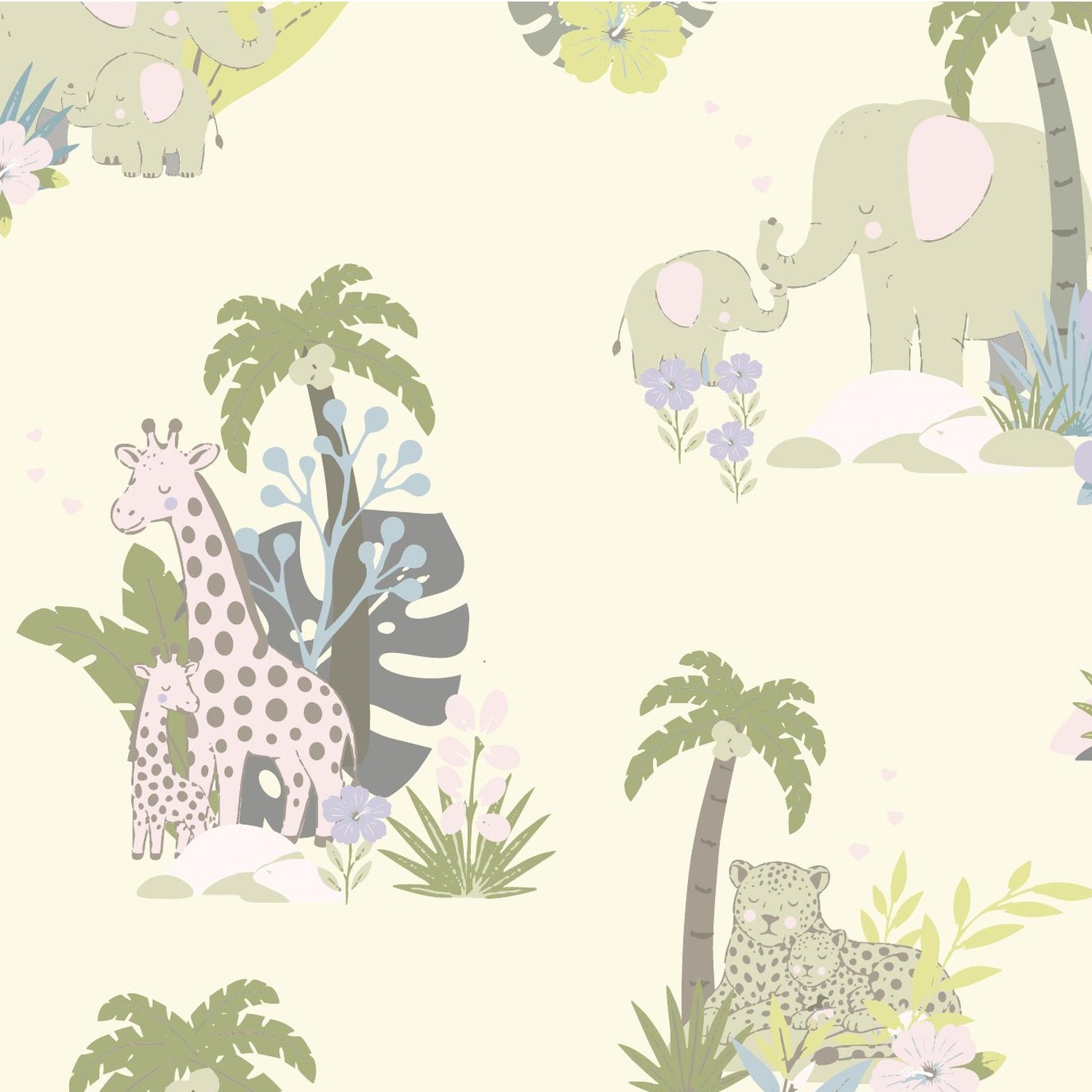 Sleepy Jungle savanna pattern with giraffes and elephants on cream