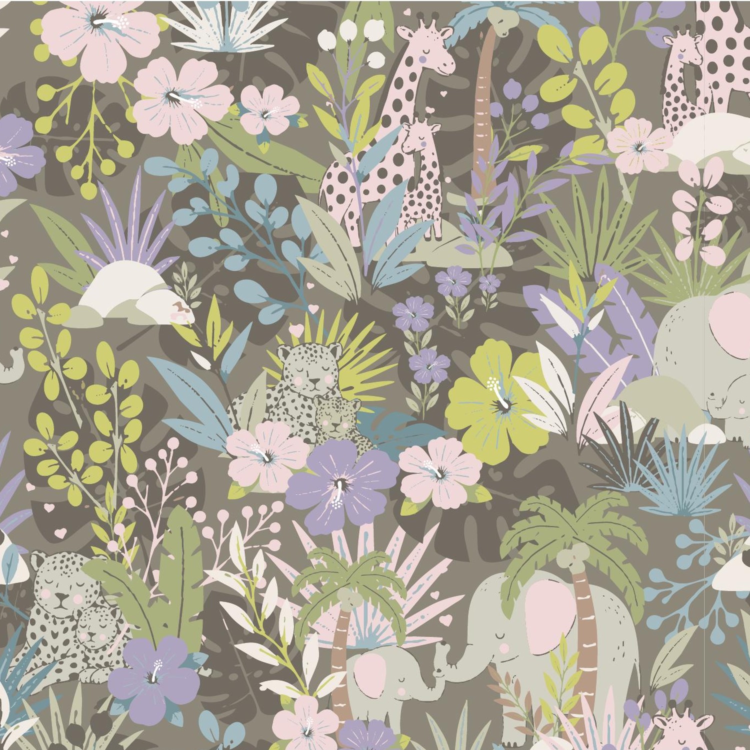 Sleepy Jungle dark floral pattern with giraffes, leopards, and elephants
