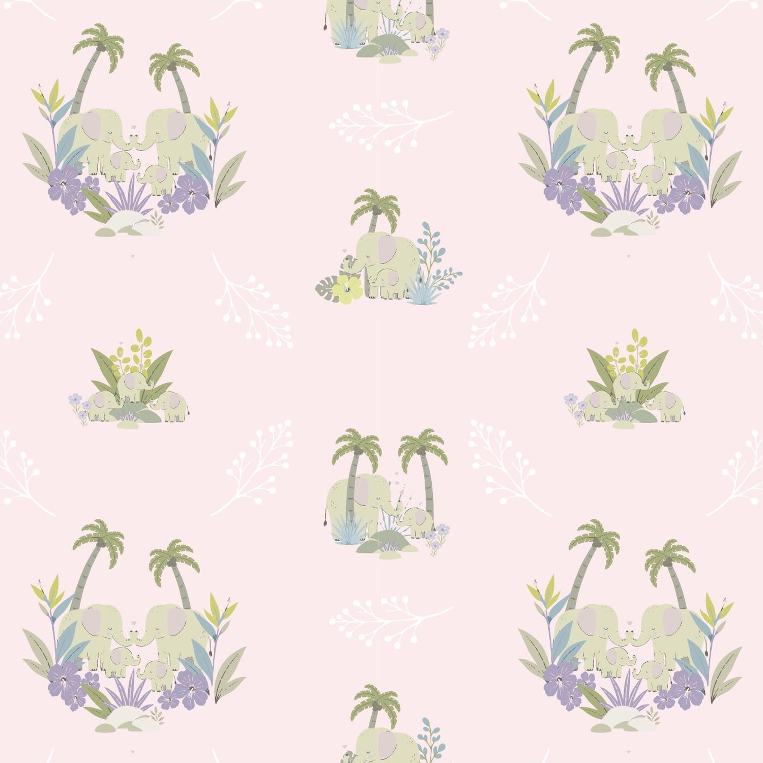 Sleepy Jungle pink oasis pattern with palms and animals