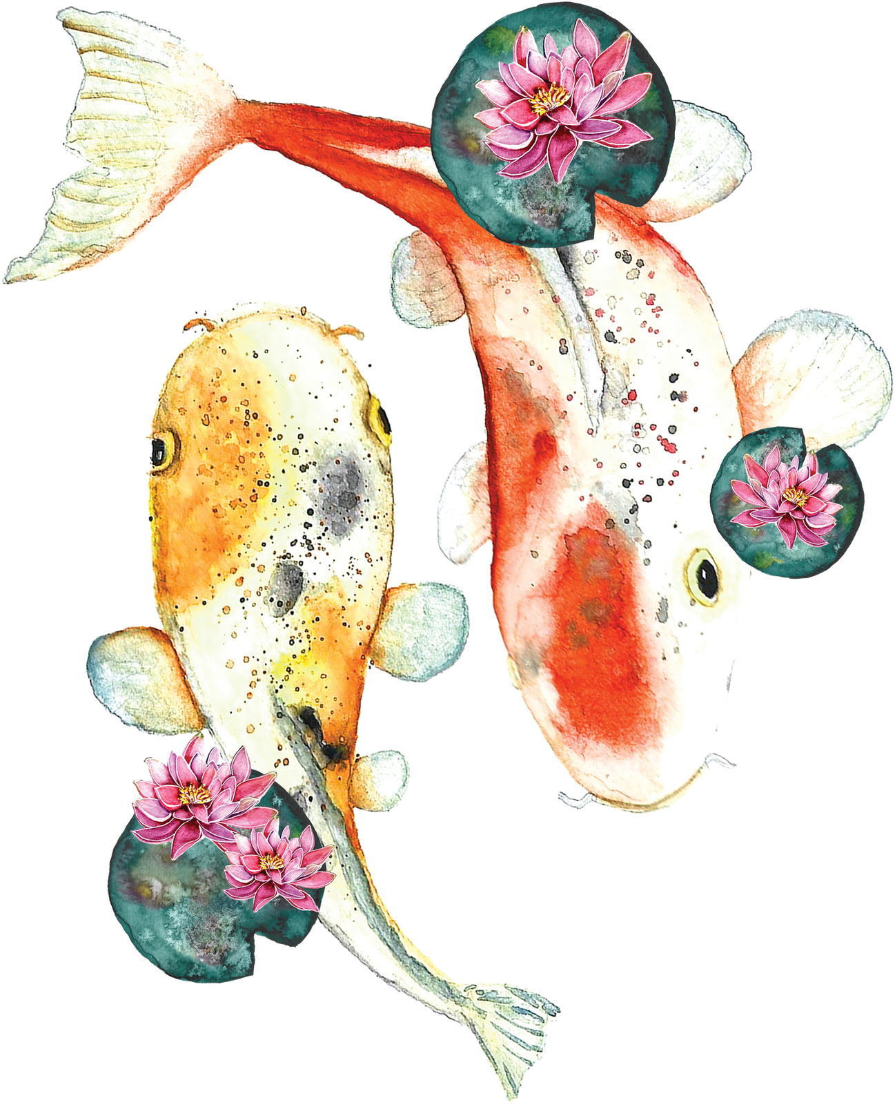 Watercolor koi with lily pads and lotus blooms — Floxie original art