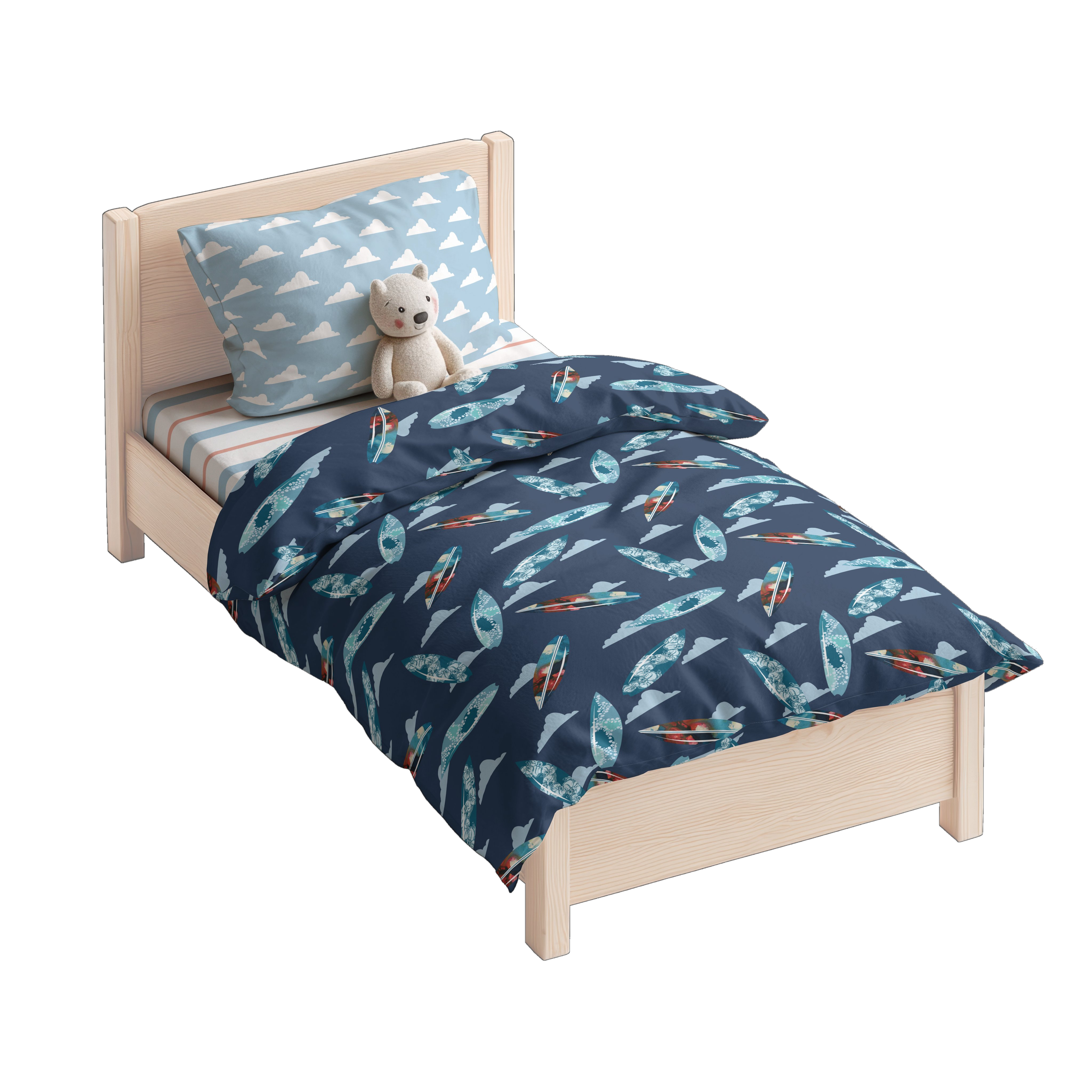 Boho Surf surfboard pattern on a kids' duvet, with cloud-print pillowcase