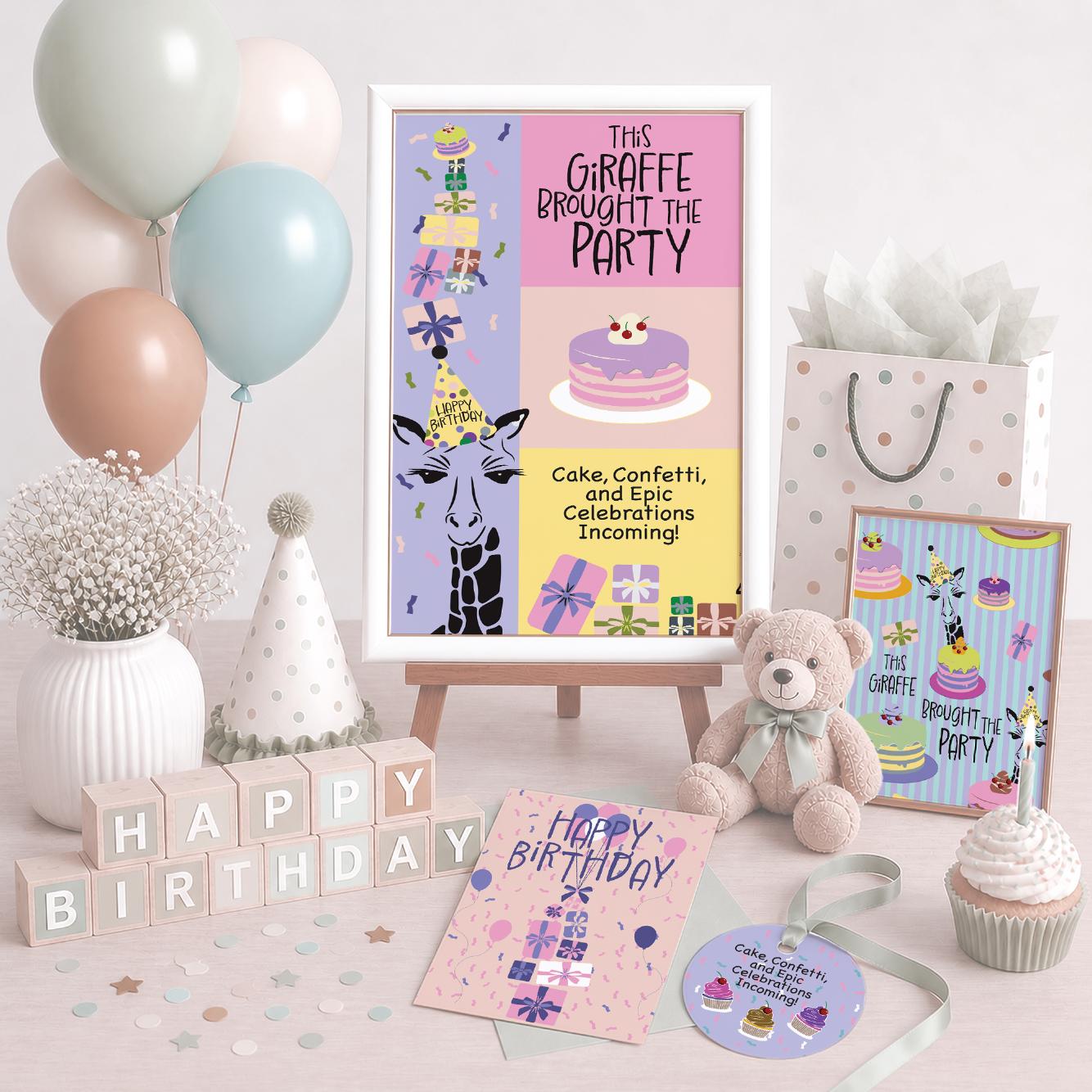 Giraffe Party birthday set mockup with cards, gift bags, and party goods