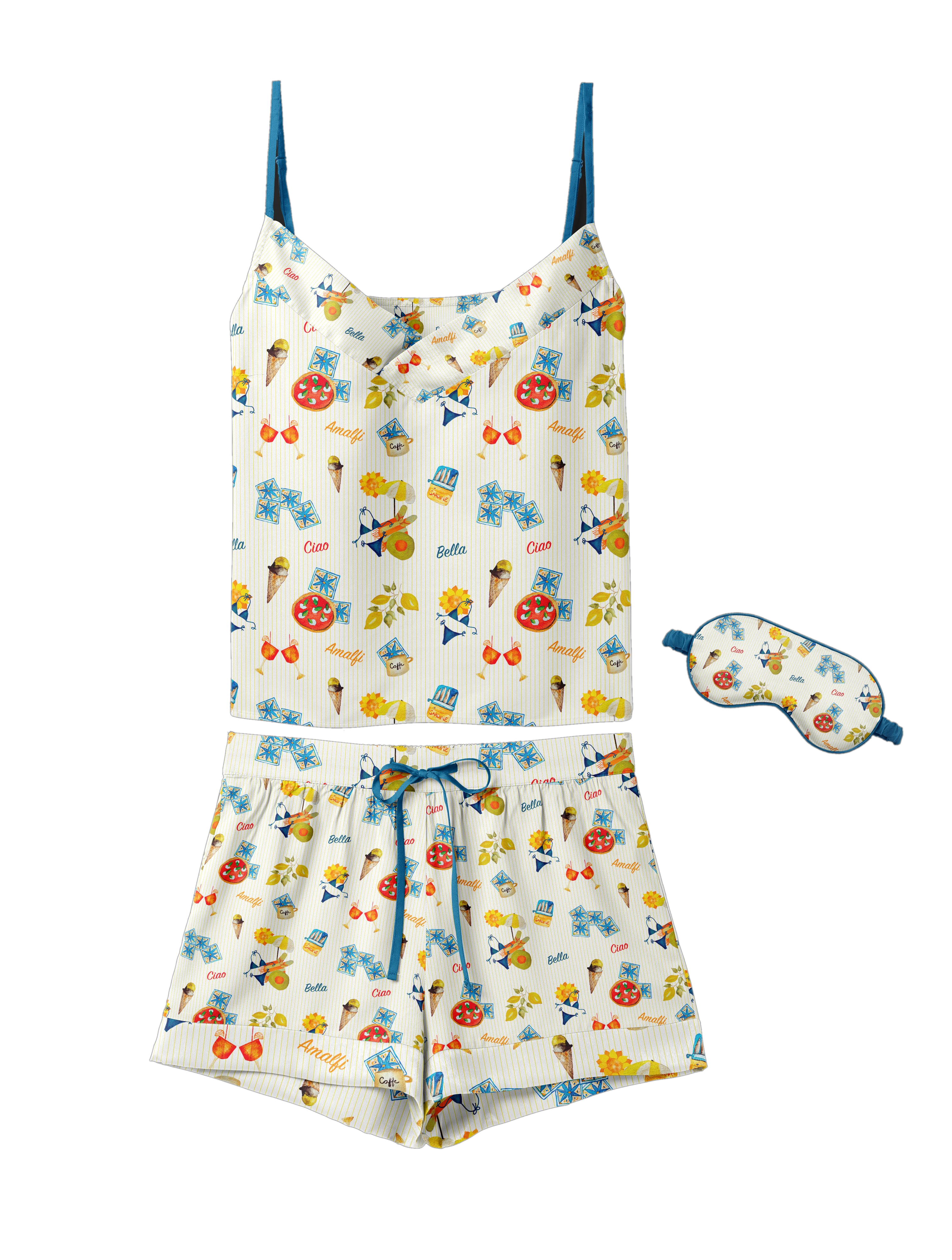 Mediterranean Summer print on a silk cami pajama set with sleep mask