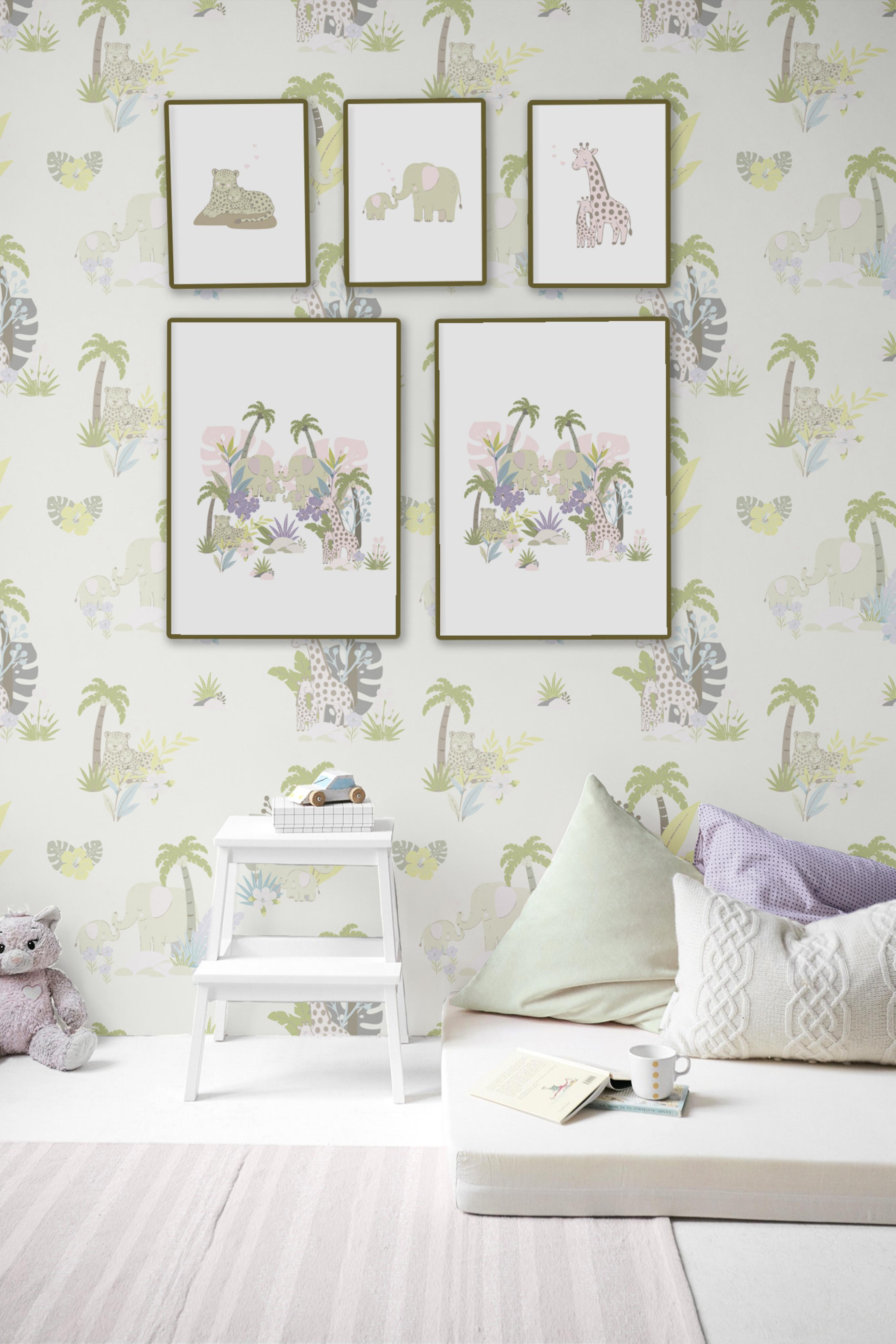 Sleepy Jungle nursery mockup with wallpaper and framed prints