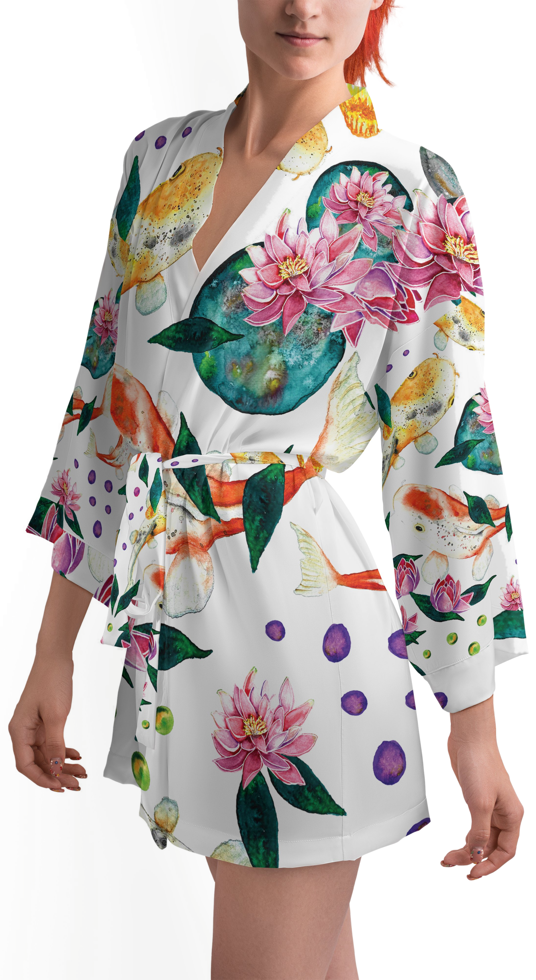 Koi and lotus hero pattern on a kimono-style silk robe