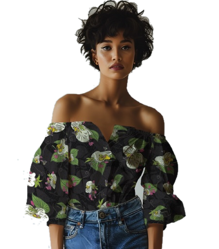 Orchid pattern on an off-shoulder blouse
