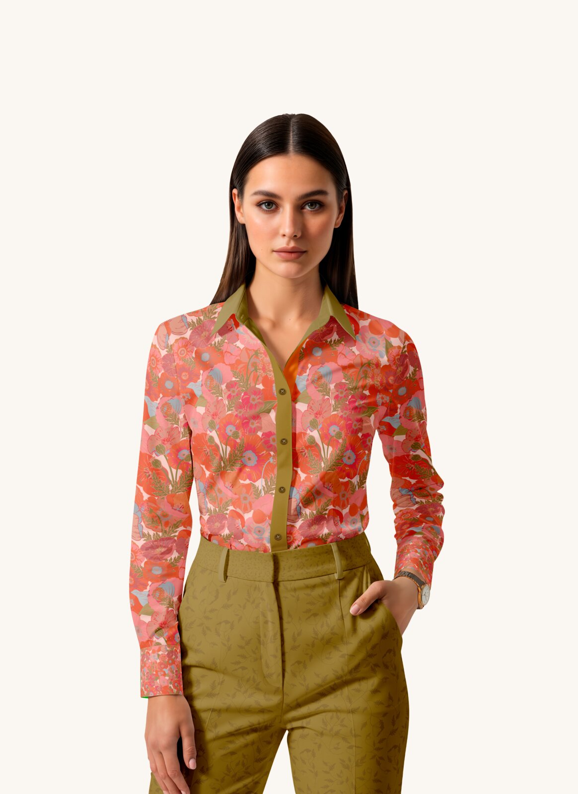 Pretty Poppies pattern on a coral button-down shirt