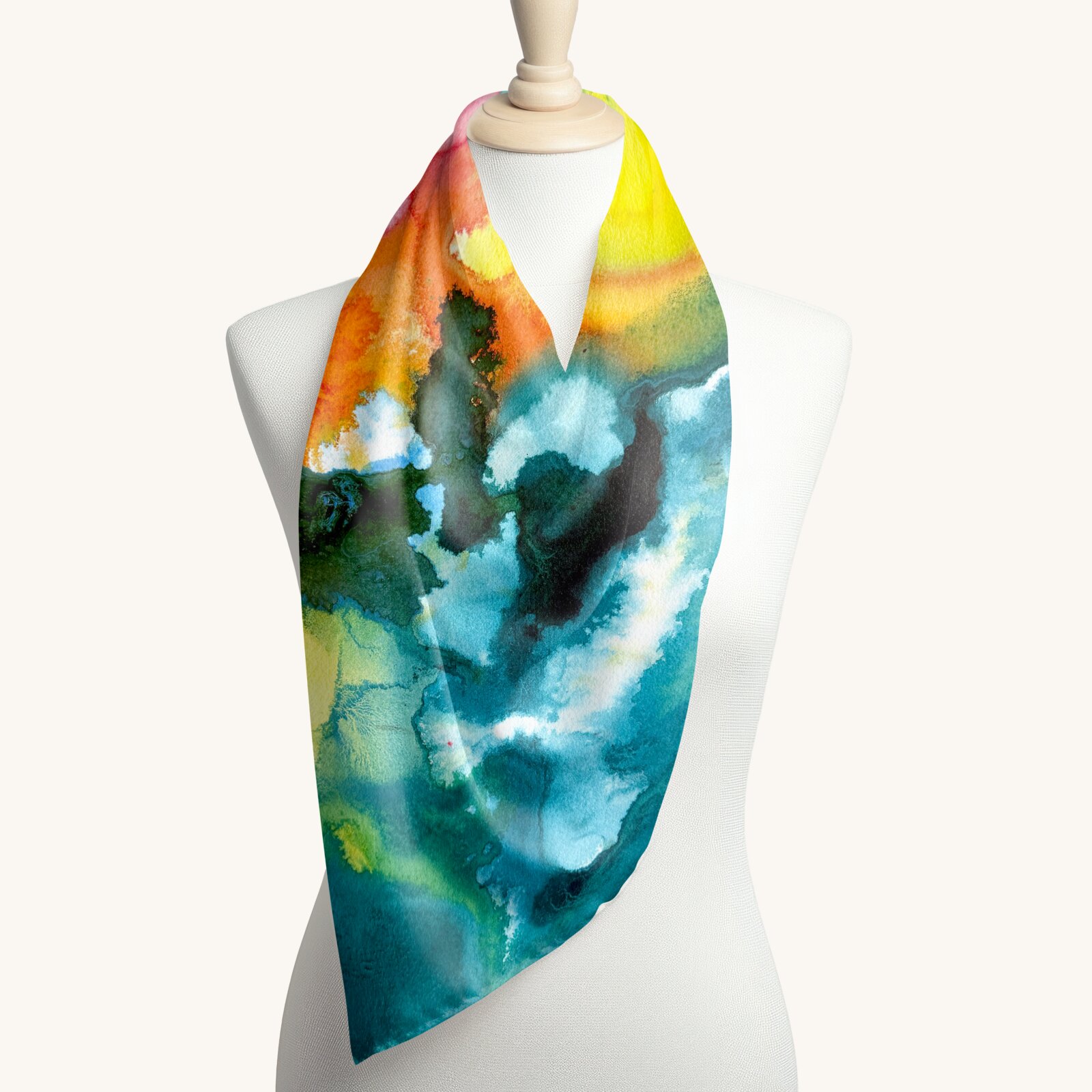Fire and Ice watercolor printed on a silk scarf