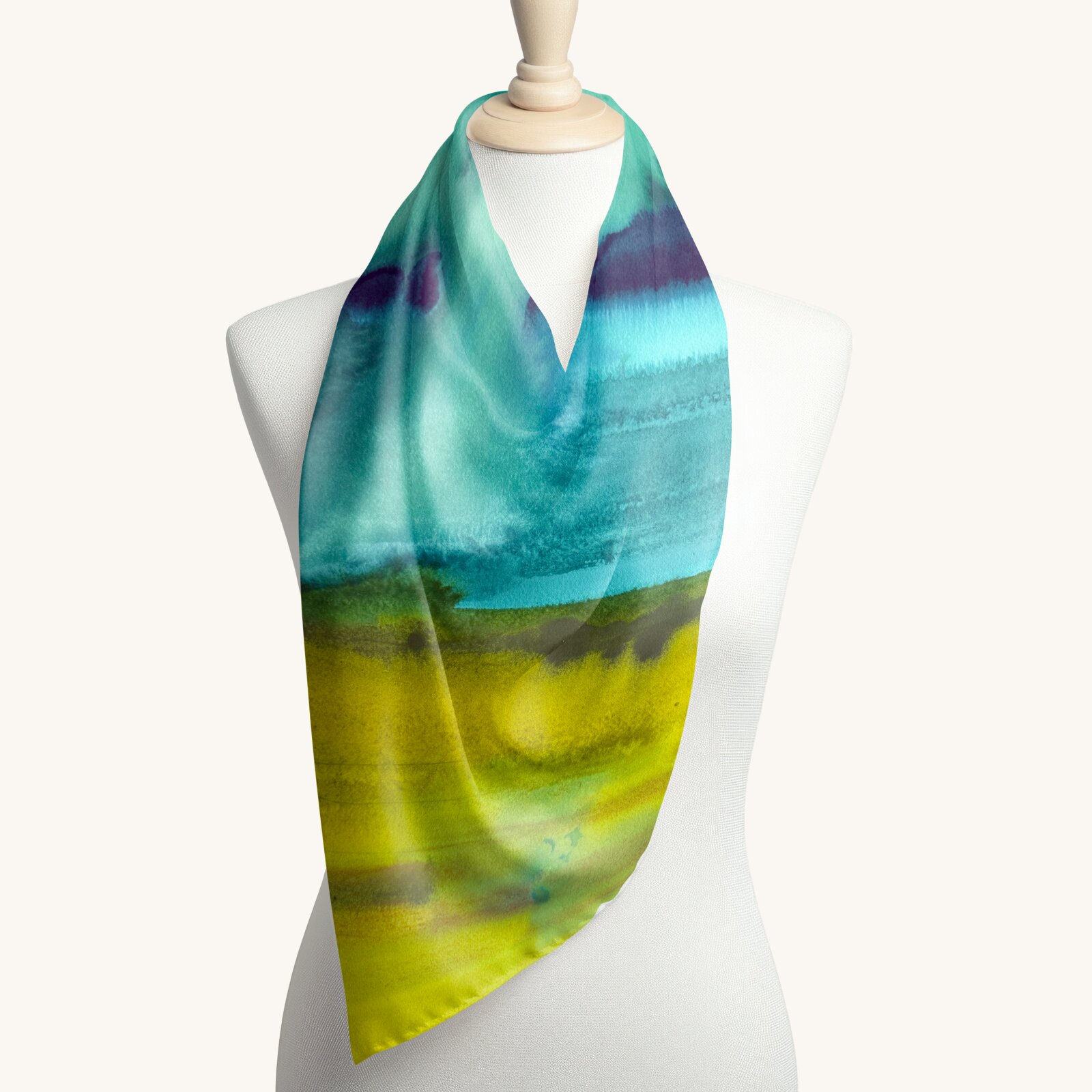 Atmospheric watercolor printed on a silk scarf