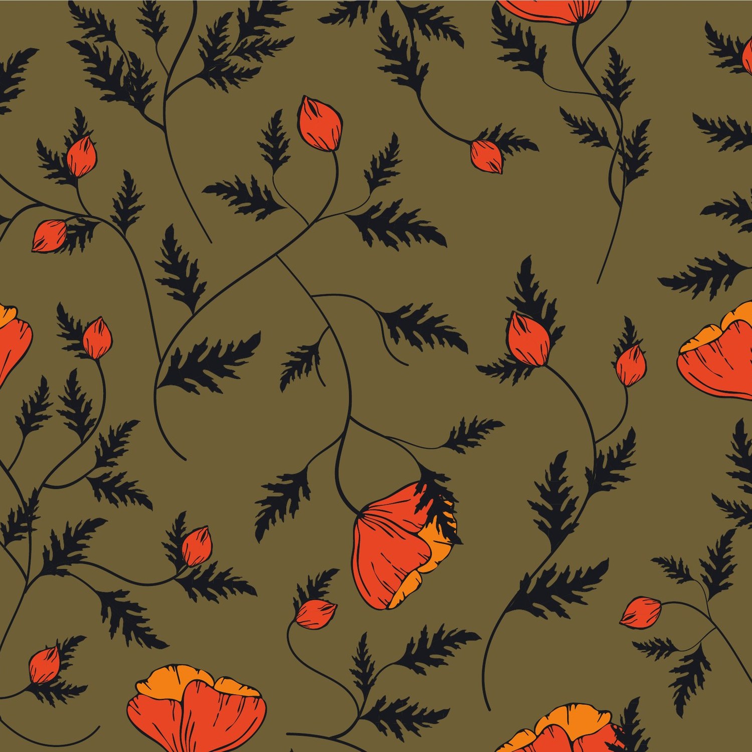 Orange poppies on olive ground