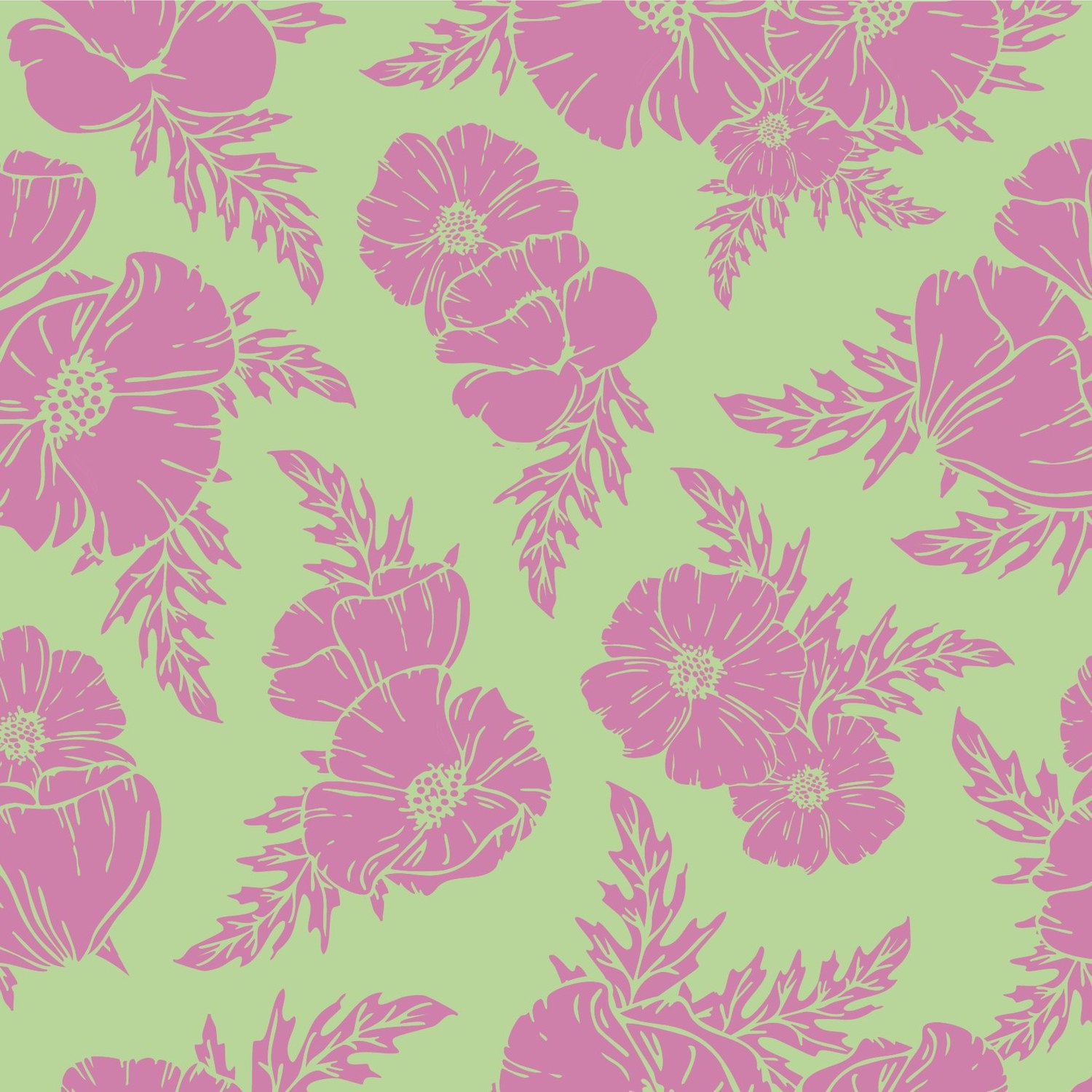 Magenta poppies on green
