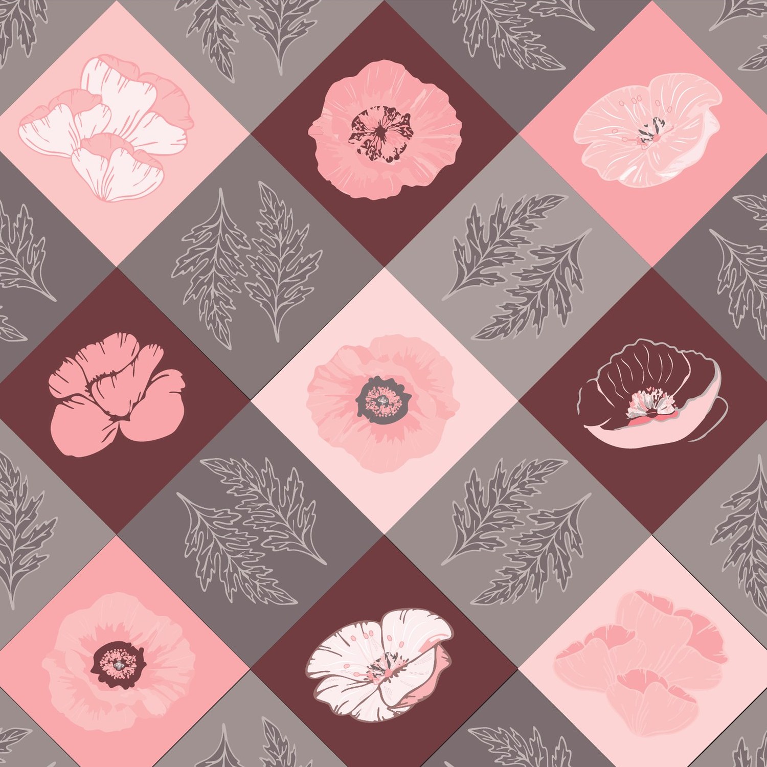 Grey diamond plaid with poppies