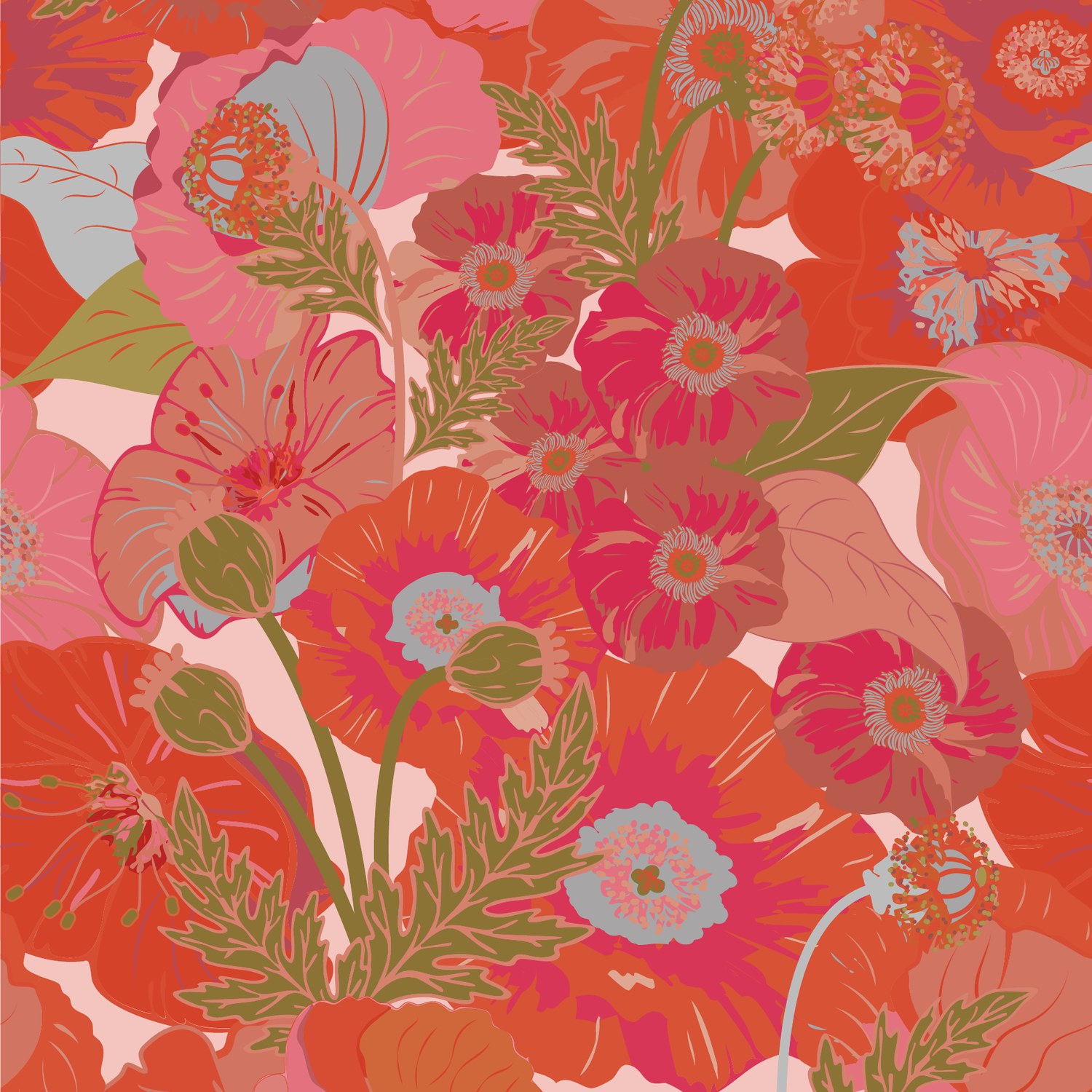 Painterly poppy bouquet on red
