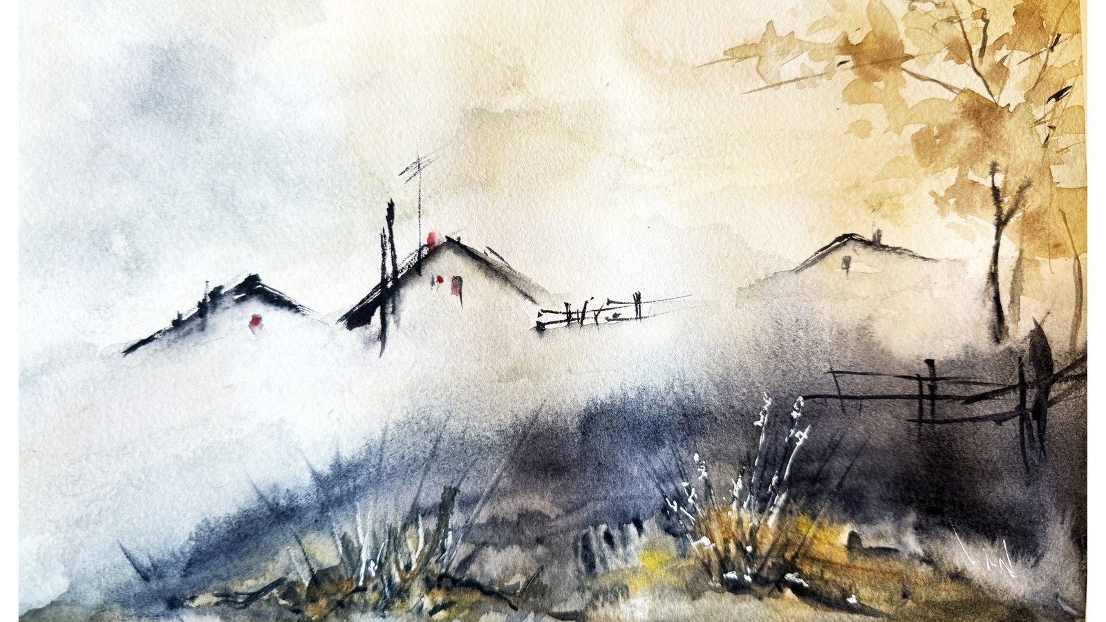 Foggy landscape watercolor