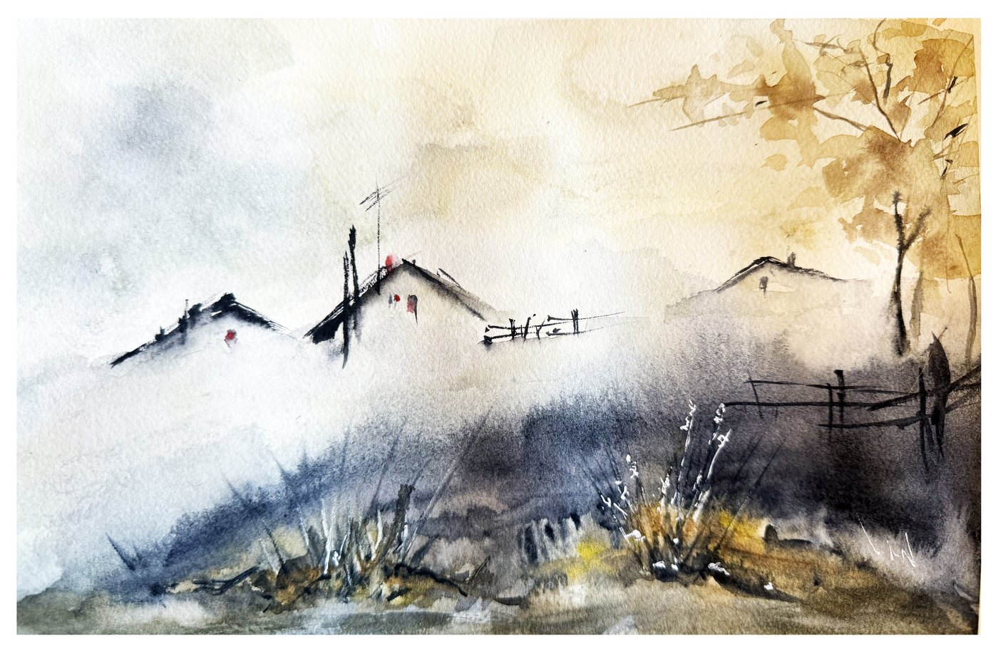 Foggy landscape watercolor