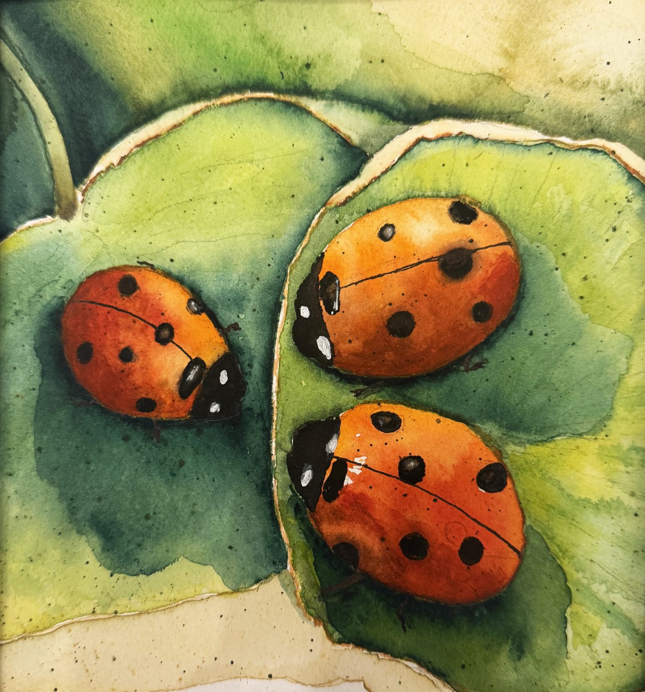 Three ladybugs on a leaf, watercolor
